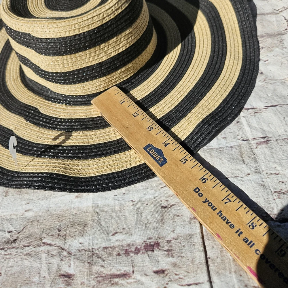 J.Crew Floppy Sun Hat Striped Wide Brim Beach Black Tan Natural Straw Boho